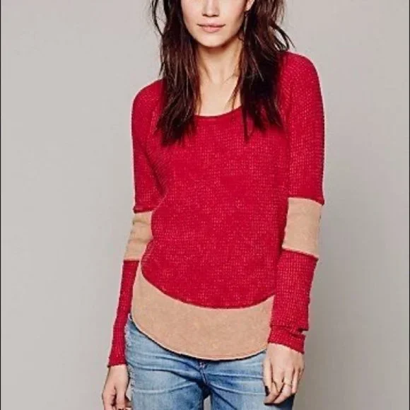 Free People Diamond Dozen Thermal Long Sleeve Top Colorblock Pink Cream Size XS - Picture 10 of 10